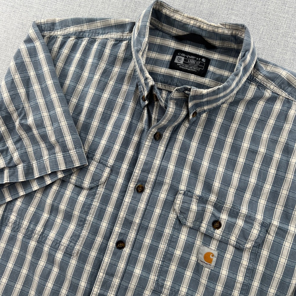 Carhartt Loose Fit Midweight Chambray Short Sleeve Plaid Shirt Men 2XL Tall Blue
